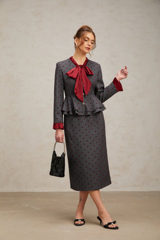 Priscille Polka-Dot Top and Skirt Set — Grey & Red