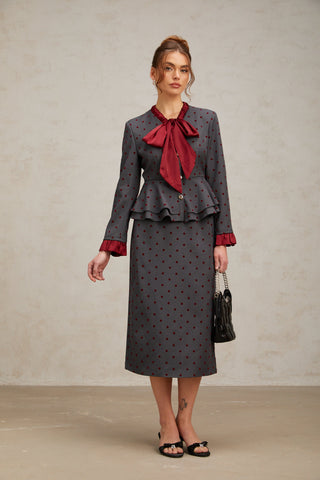 Priscille Polka-Dot Top and Skirt Set — Grey & Red