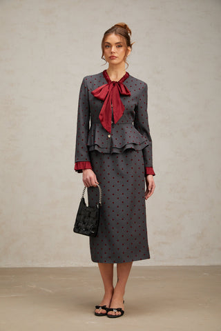 Priscille Polka-Dot Top and Skirt Set — Grey & Red