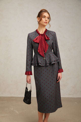 Priscille Polka-Dot Top and Skirt Set — Grey & Red