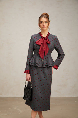 Priscille Polka-Dot Top and Skirt Set — Grey & Red