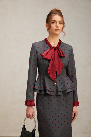 Priscille Polka-Dot Top and Skirt Set — Grey & Red