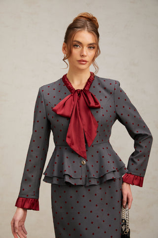 Priscille Polka-Dot Top and Skirt Set — Grey & Red