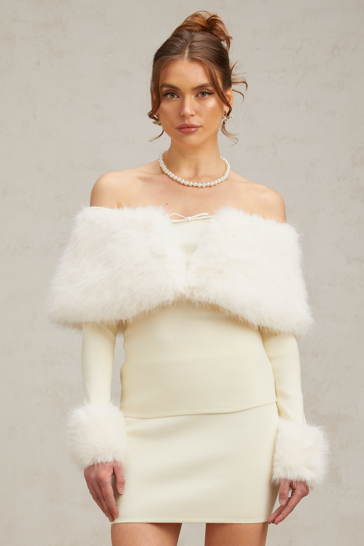 Coralie Faux-Fur Knit Top and Skirt Set — Off-White