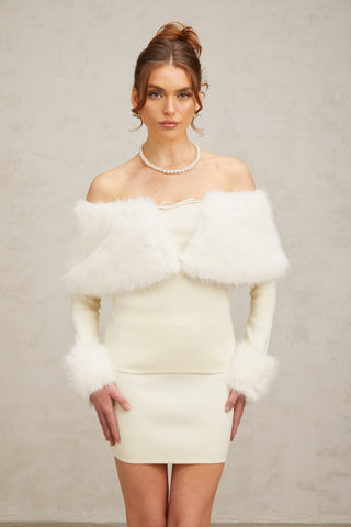 Coralie Faux-Fur Knit Top and Skirt Set — Off-White