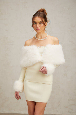Coralie Faux-Fur Knit Top and Skirt Set — Off-White
