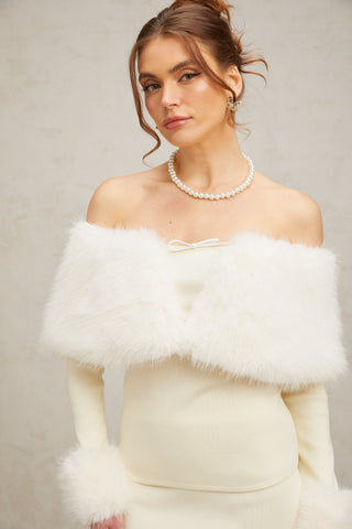 Coralie Faux-Fur Knit Top and Skirt Set — Off-White