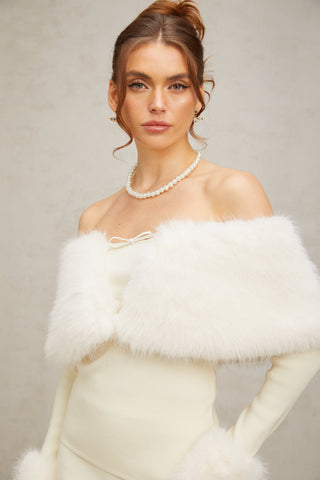 Coralie Faux-Fur Knit Top and Skirt Set — Off-White