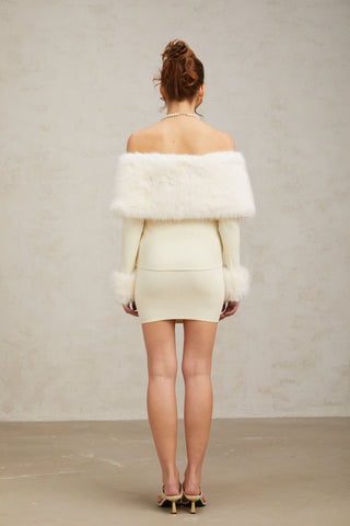Coralie Faux-Fur Knit Top and Skirt Set — Off-White