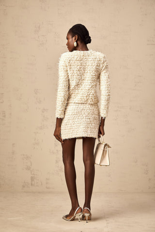 Jolanda Fuzzy Knit Cardigan and Skirt Set — White