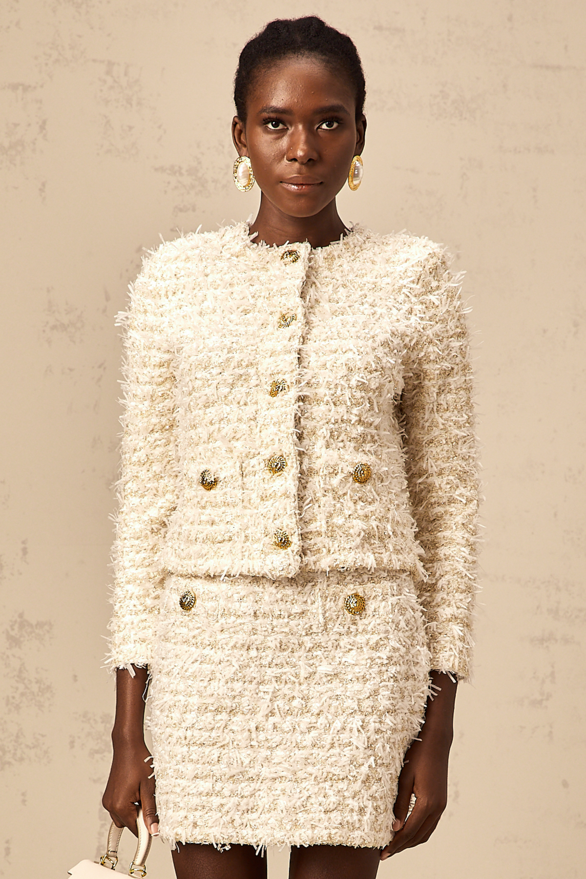Jolanda Fuzzy Knit Cardigan and Skirt Set — White
