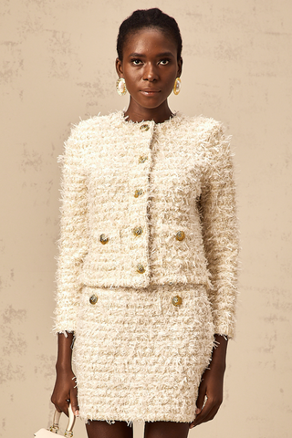 Jolanda Fuzzy Knit Cardigan and Skirt Set — White