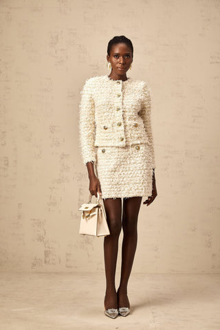 Jolanda Fuzzy Knit Cardigan and Skirt Set — White