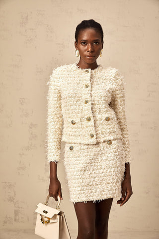 Jolanda Fuzzy Knit Cardigan and Skirt Set — White