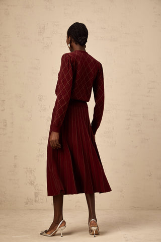 Laurine Argyle Knit Cardigan and Skirt Set — Red