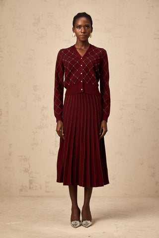 Laurine Argyle Knit Cardigan and Skirt Set — Red