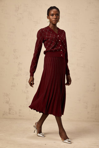 Laurine Argyle Knit Cardigan and Skirt Set — Red
