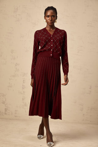 Laurine Argyle Knit Cardigan and Skirt Set — Red