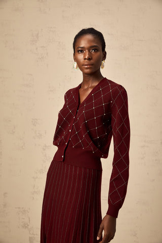 Laurine Argyle Knit Cardigan and Skirt Set — Red