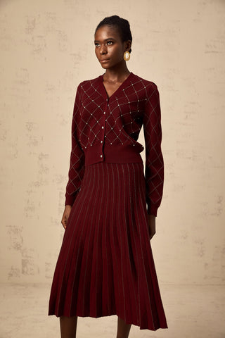Laurine Argyle Knit Cardigan and Skirt Set — Red