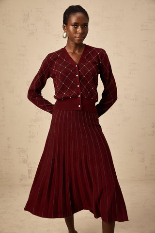 Laurine Argyle Knit Cardigan and Skirt Set — Red