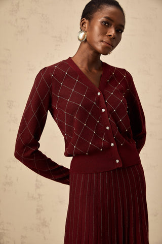 Laurine Argyle Knit Cardigan and Skirt Set — Red
