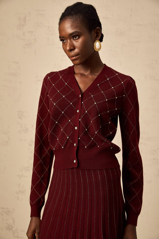 Laurine Argyle Knit Cardigan and Skirt Set — Red