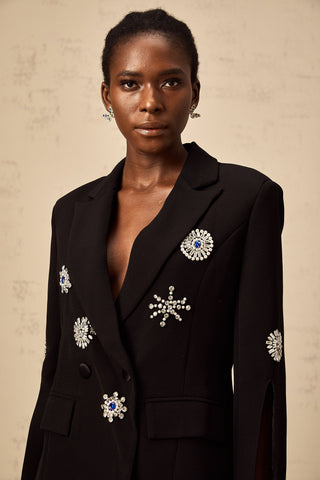 Geltrude Crystal Slit-Cuff Blazer — Black
