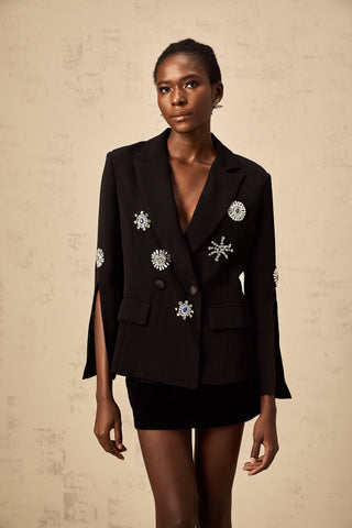 Geltrude Crystal Slit-Cuff Blazer — Black