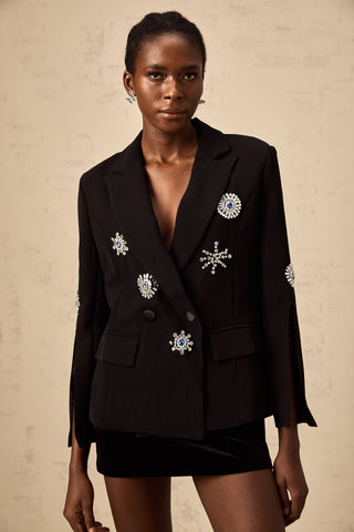 Geltrude Crystal Slit-Cuff Blazer — Black