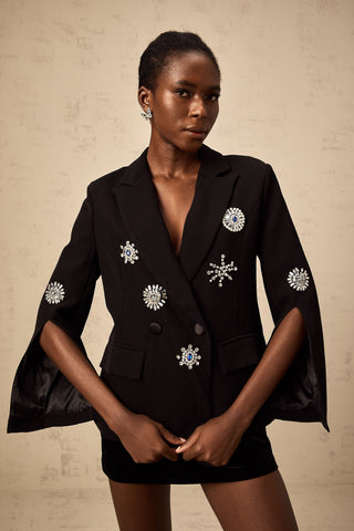 Geltrude Crystal Slit-Cuff Blazer — Black