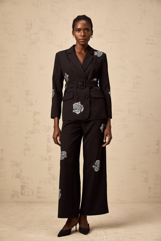 Phoebe Studded Rose Blazer and Trouser Set — Black