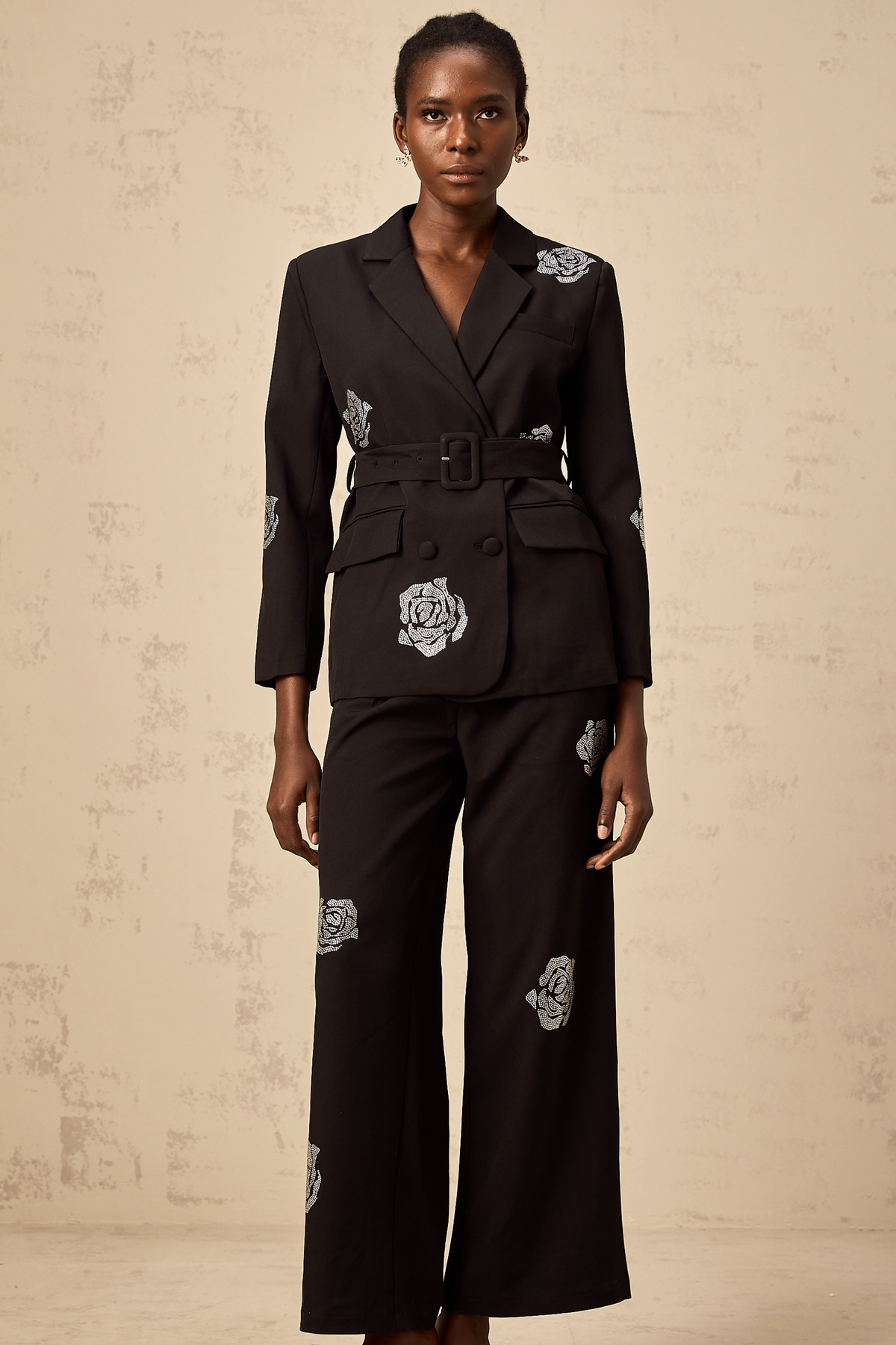 Phoebe Studded Rose Blazer and Trouser Set — Black