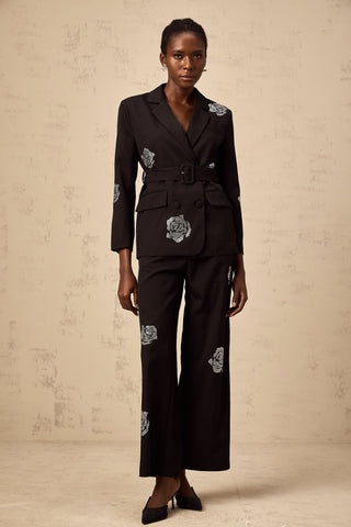 Phoebe Studded Rose Blazer and Trouser Set — Black