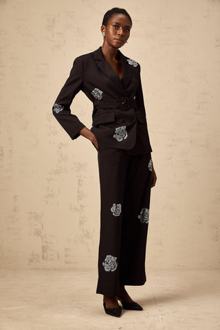 Phoebe Studded Rose Blazer and Trouser Set — Black