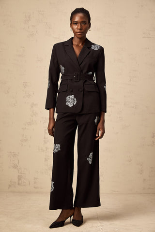 Phoebe Studded Rose Blazer and Trouser Set — Black
