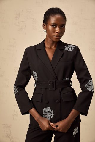 Phoebe Studded Rose Blazer and Trouser Set — Black
