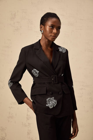 Phoebe Studded Rose Blazer and Trouser Set — Black