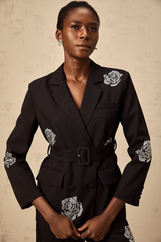 Phoebe Studded Rose Blazer and Trouser Set — Black