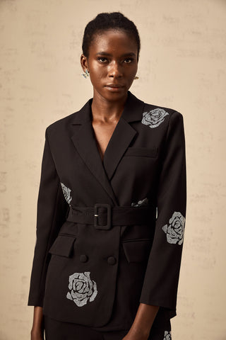 Phoebe Studded Rose Blazer and Trouser Set — Black