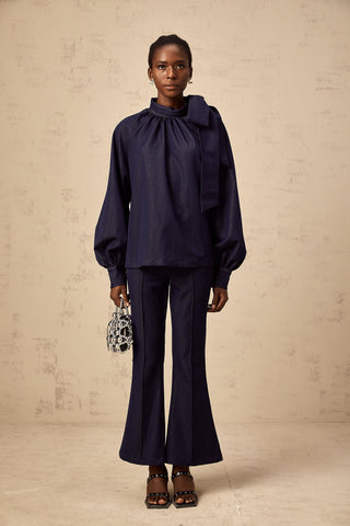 Mathilde Flared Blouse and Trouser Set — Denim Blue