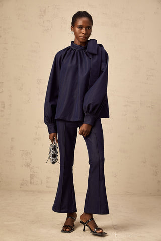 Mathilde Flared Blouse and Trouser Set — Denim Blue