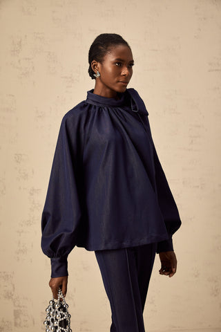Mathilde Flared Blouse and Trouser Set — Denim Blue