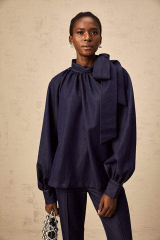 Mathilde Flared Blouse and Trouser Set — Denim Blue