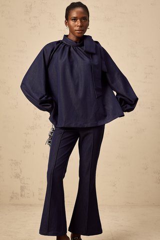 Mathilde Flared Blouse and Trouser Set — Denim Blue