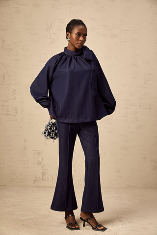 Mathilde Flared Blouse and Trouser Set — Denim Blue