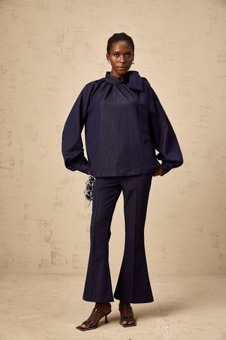 Mathilde Flared Blouse and Trouser Set — Denim Blue