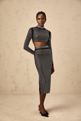 Vera Rhinestone Mesh Top and Skirt Set — Black