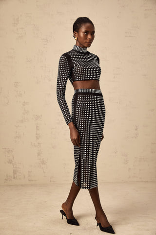 Vera Rhinestone Mesh Top and Skirt Set — Black