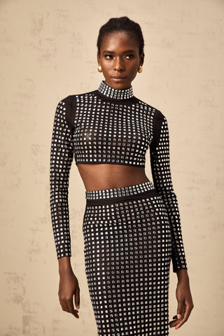 Vera Rhinestone Mesh Top and Skirt Set — Black